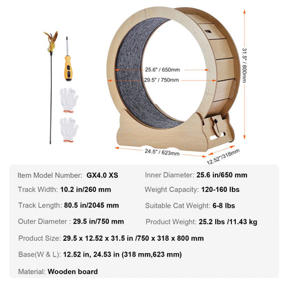 Large Cat Exercise Wheel | Wooden Cat Running Wheel for Indoor Cats | Silent Spin Wheel with Carpet Mat & Cat Teaser