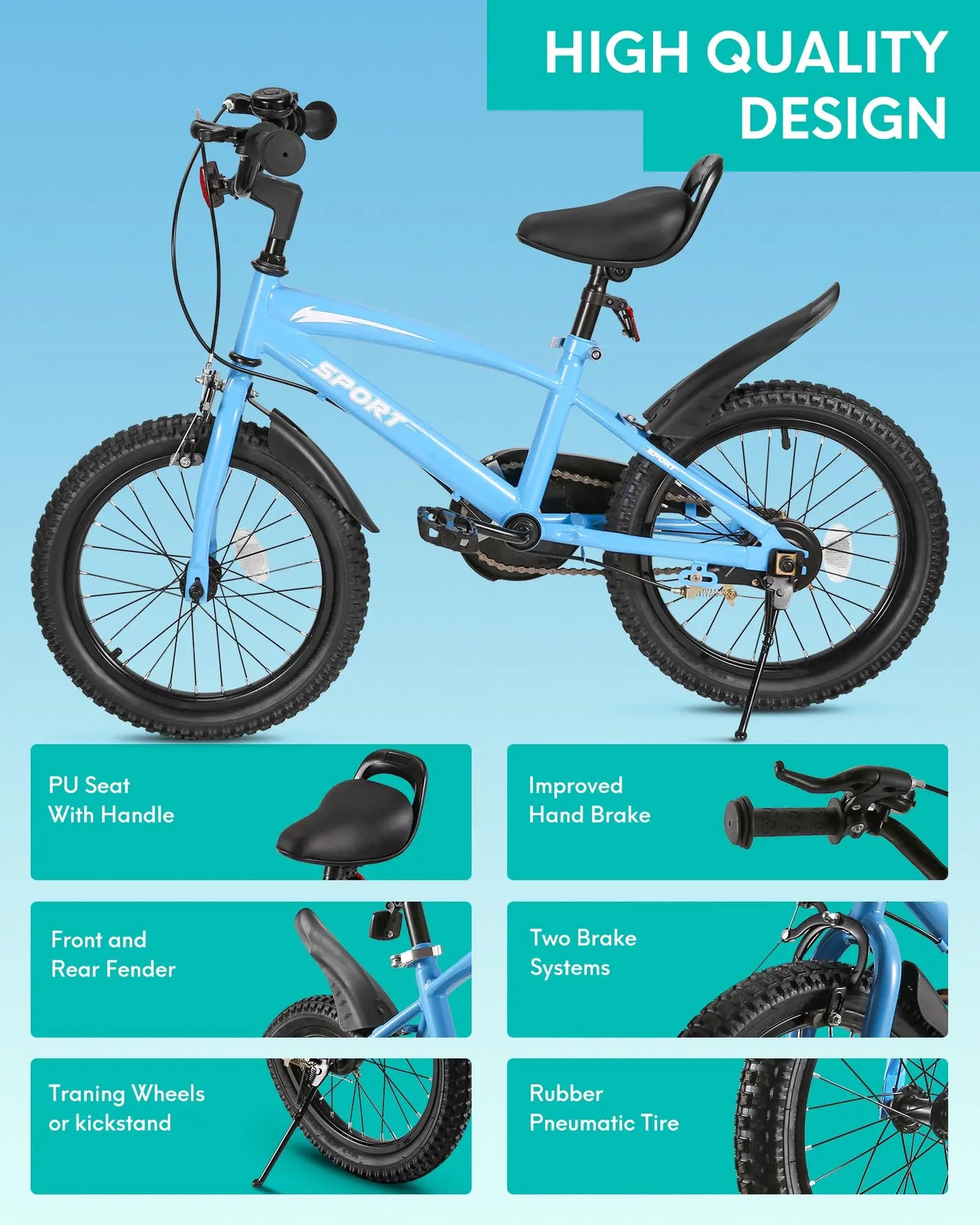 16 Inch Kids Bike with Training Wheels & Kickstand | Adjustable Seat & Handlebar | Ages 4-8 | Boys & Girls Bicycle