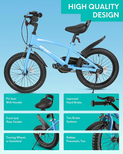 16 Inch Kids Bike with Training Wheels & Kickstand | Adjustable Seat & Handlebar | Ages 4-8 | Boys & Girls Bicycle