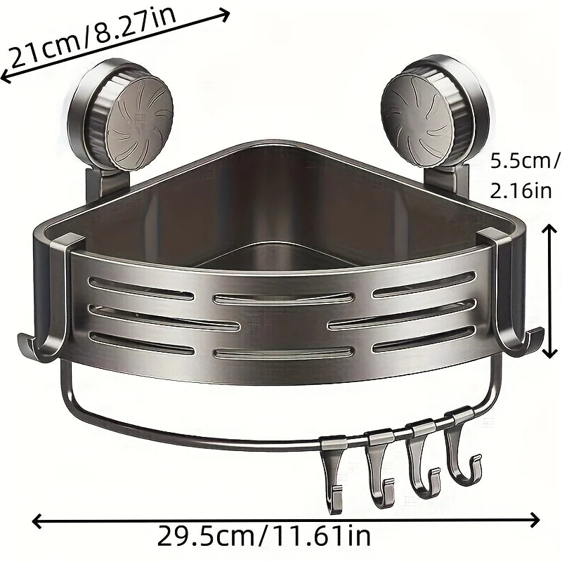 Space-Saving Suction Cup Bathroom Shelf - No Drilling Required, Strong Triangular Rack with Hooks, Suitable for Shower And Toile