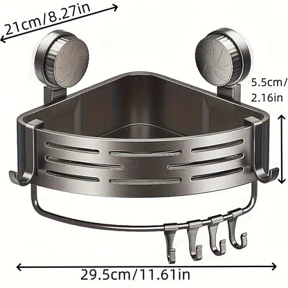 Space-Saving Suction Cup Bathroom Shelf - No Drilling Required, Strong Triangular Rack with Hooks, Suitable for Shower And Toile