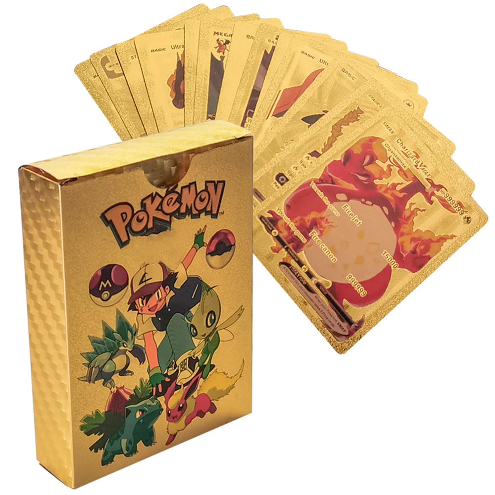 55PCS Gold Foil Flash Cards | Pokémon-Style Novelty Collectible Card Set | English & Spanish | VMAX GX Inspired