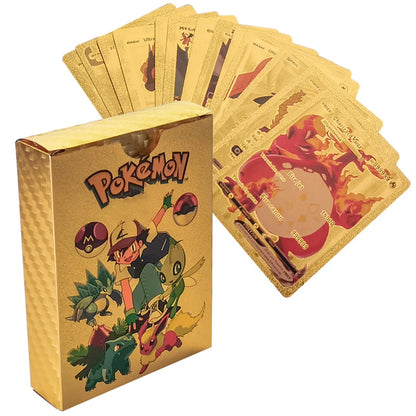 55PCS Gold Foil Flash Cards | Pokémon-Style Novelty Collectible Card Set | English & Spanish | VMAX GX Inspired