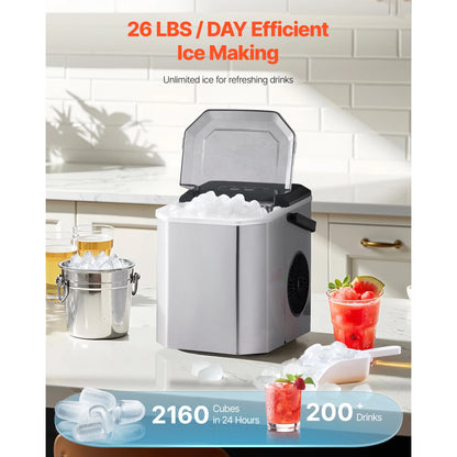 Countertop Ice Maker – 26 lbs/Day, 9 Cubes in 6 Min, Self-Cleaning, Portable