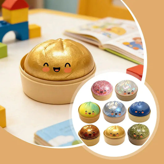 Glitter Dumpling Stress Ball Toy with Smile Face Unique Steamer Base Squeezable Dough Ball Birthday Gift for Girl Boy Adult