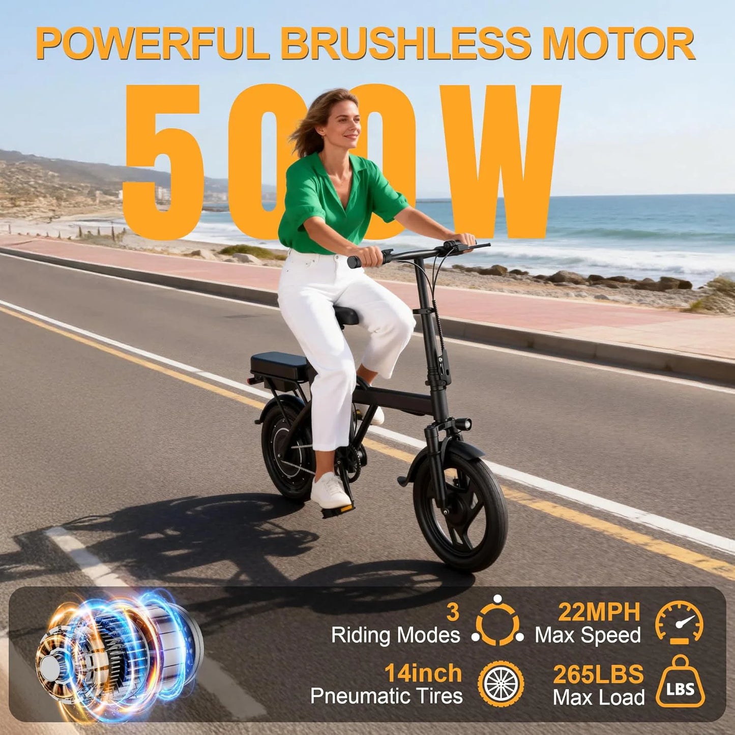 Foldable Electric Bike 500W Motor | 48V Battery | 22MPH | 30-45 Mile Range | Dual Seat Mini E-Bike for Adults