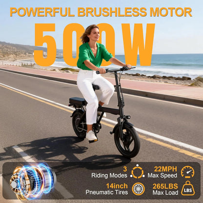 Foldable Electric Bike 500W Motor | 48V Battery | 22MPH | 30-45 Mile Range | Dual Seat Mini E-Bike for Adults