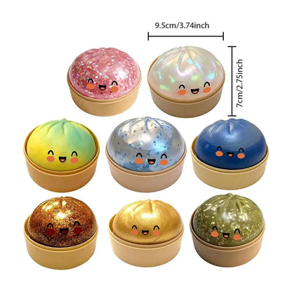 Glitter Dumpling Stress Ball Toy with Smile Face Unique Steamer Base Squeezable Dough Ball Birthday Gift for Girl Boy Adult