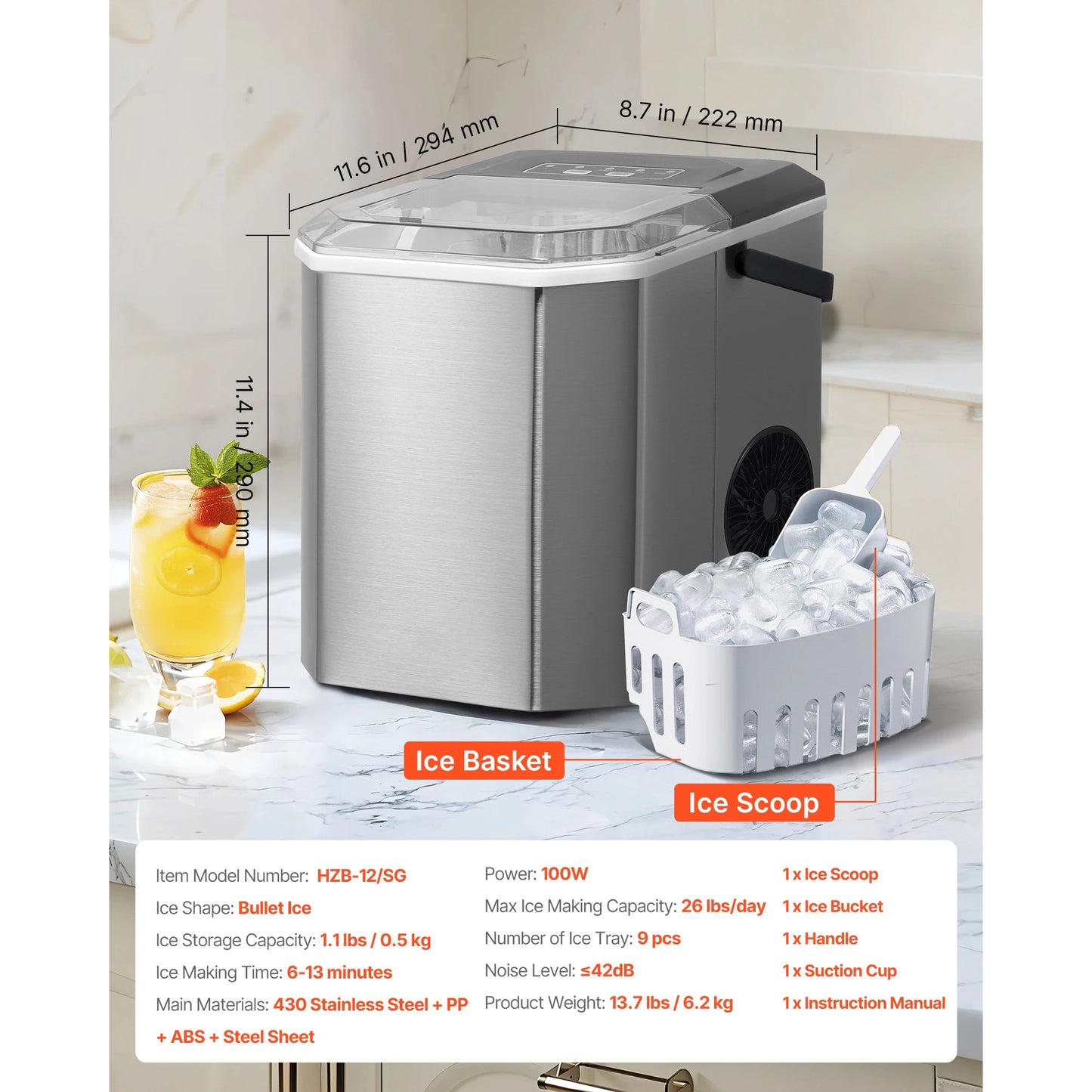 Countertop Ice Maker – 26 lbs/Day, 9 Cubes in 6 Min, Self-Cleaning, Portable