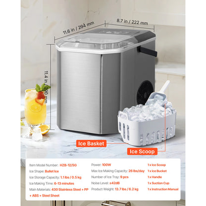 Countertop Ice Maker – 26 lbs/Day, 9 Cubes in 6 Min, Self-Cleaning, Portable