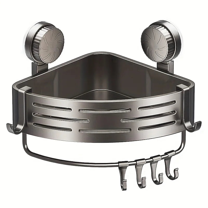Space-Saving Suction Cup Bathroom Shelf - No Drilling Required, Strong Triangular Rack with Hooks, Suitable for Shower And Toile