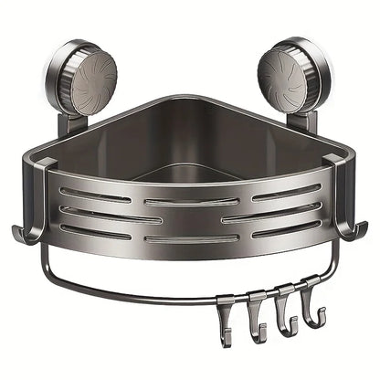 Space-Saving Suction Cup Bathroom Shelf - No Drilling Required, Strong Triangular Rack with Hooks, Suitable for Shower And Toile
