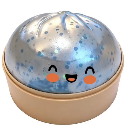 Glitter Dumpling Stress Ball Toy with Smile Face Unique Steamer Base Squeezable Dough Ball Birthday Gift for Girl Boy Adult