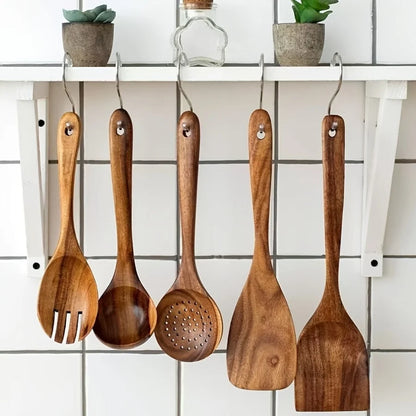 5-Piece Premium Wooden Kitchen Utensils Set, Heat Resistant Corrosion Proof Non-Smell Spoon Spatula Soup Spoon Tableware