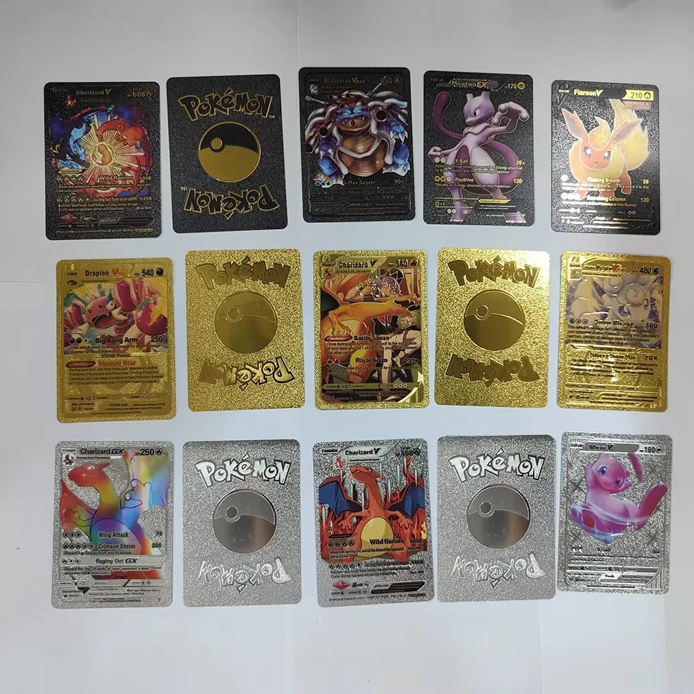 55PCS Gold Foil Flash Cards | Pokémon-Style Novelty Collectible Card Set | English & Spanish | VMAX GX Inspired