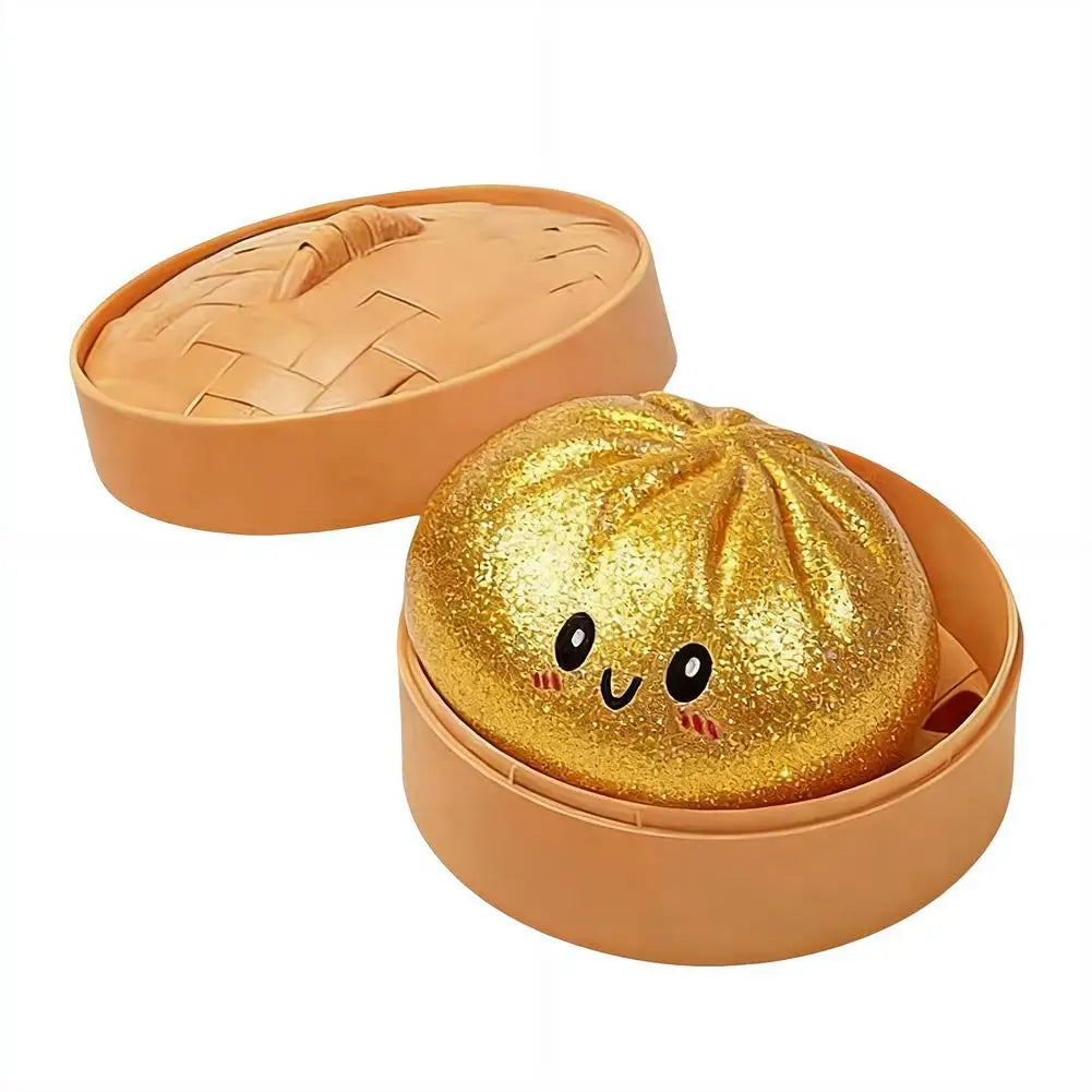 Glitter Dumpling Stress Ball Toy with Smile Face Unique Steamer Base Squeezable Dough Ball Birthday Gift for Girl Boy Adult