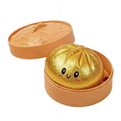 Glitter Dumpling Stress Ball Toy with Smile Face Unique Steamer Base Squeezable Dough Ball Birthday Gift for Girl Boy Adult