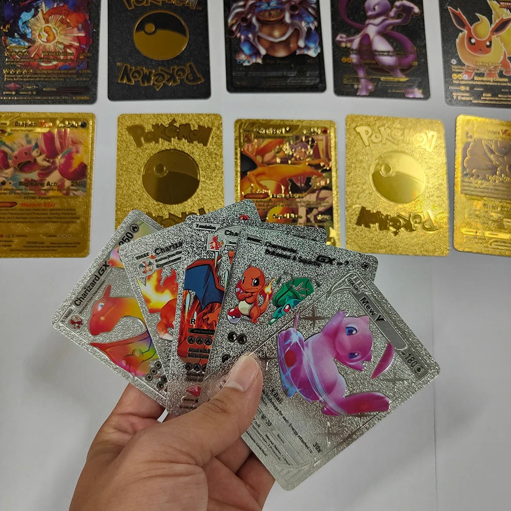 55PCS Gold Foil Flash Cards | Pokémon-Style Novelty Collectible Card Set | English & Spanish | VMAX GX Inspired