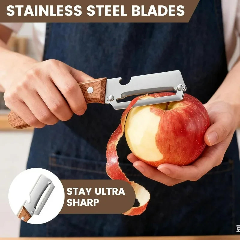 Multi Functional Vegetable Peeler for Kitchen, Premium Peeler with Wooden Handle and Bottle Opener, Stainless Steel Single Blade