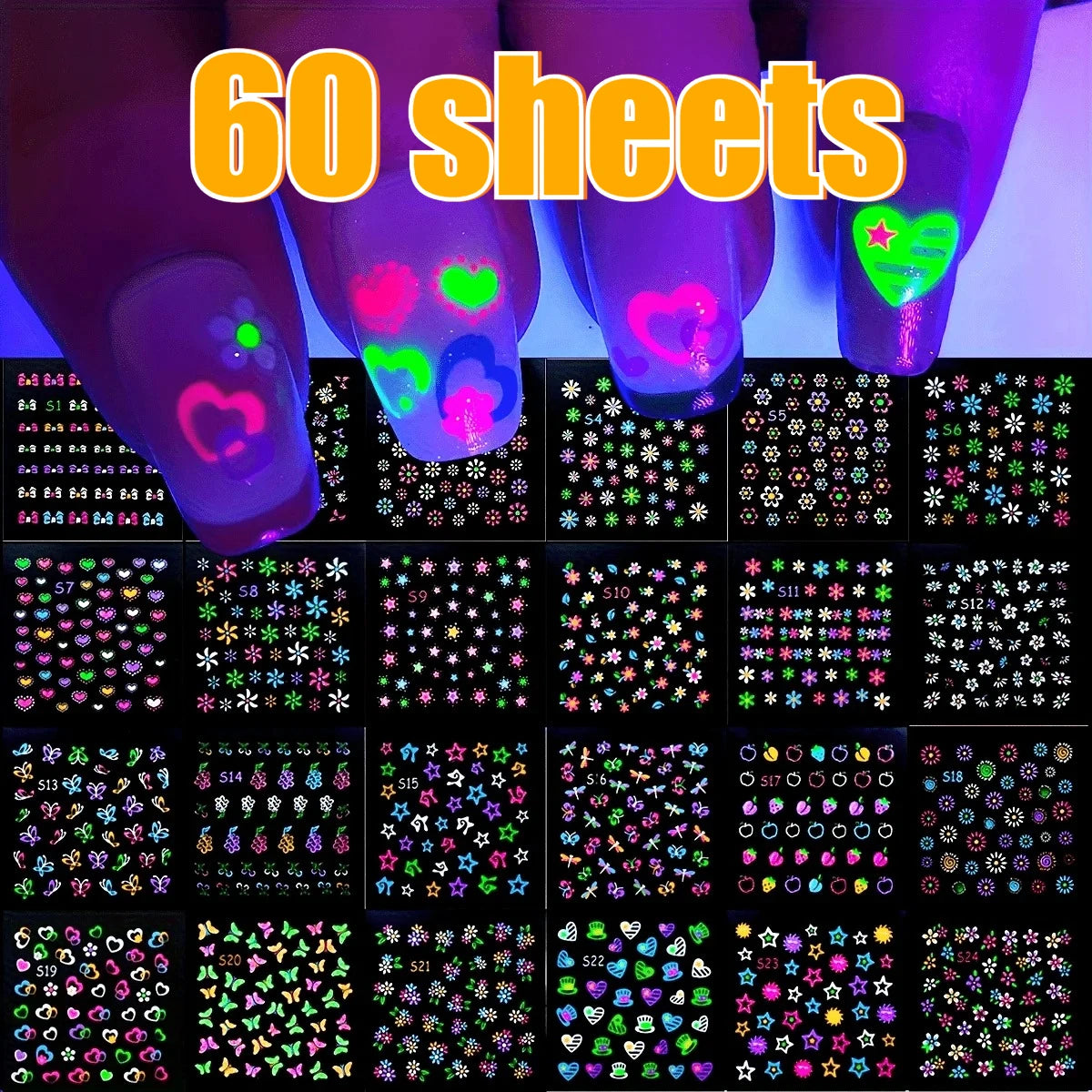 3D Glow in the Dark Neon Nail Stickers | UV Reactive Self-Adhesive Nail Art Decals – Butterflies, Hearts & Flowers