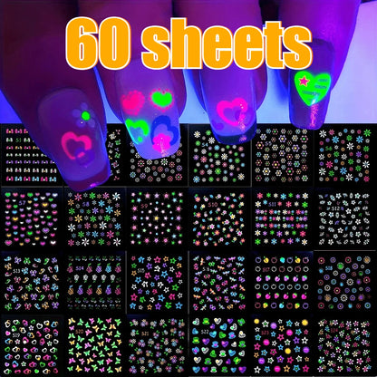 3D Glow in the Dark Neon Nail Stickers | UV Reactive Self-Adhesive Nail Art Decals – Butterflies, Hearts & Flowers