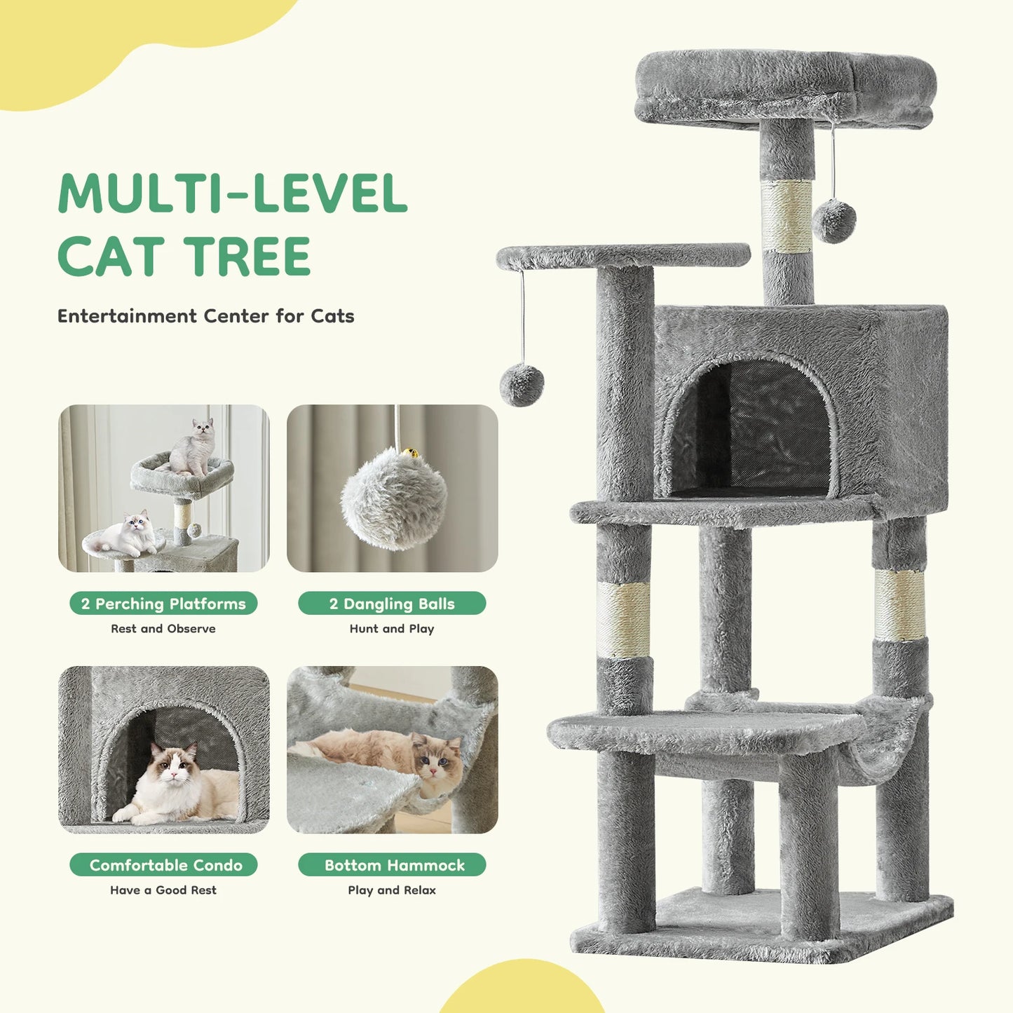 44" Cat Tree Tower for Indoor Cats | Multi-Cat Climbing Tower with Condo, Hammock, Sisal Scratching Posts & Perches | Tall Cat Tree for Large Cats & Kittens | Supports 2-3 Cats