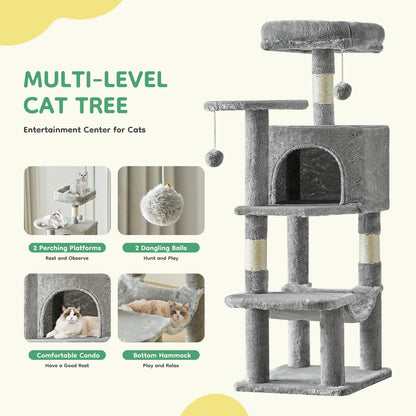 44" Cat Tree Tower for Indoor Cats | Multi-Cat Climbing Tower with Condo, Hammock, Sisal Scratching Posts & Perches | Tall Cat Tree for Large Cats & Kittens | Supports 2-3 Cats