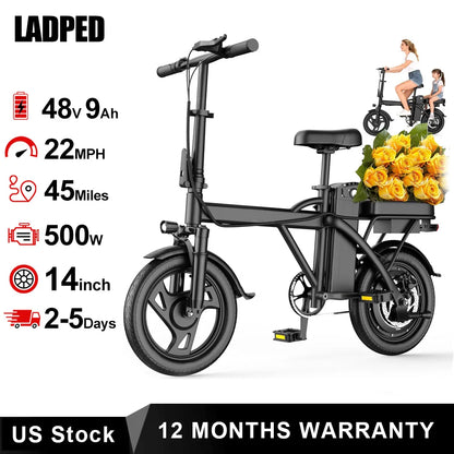 Foldable Electric Bike 500W Motor | 48V Battery | 22MPH | 30-45 Mile Range | Dual Seat Mini E-Bike for Adults