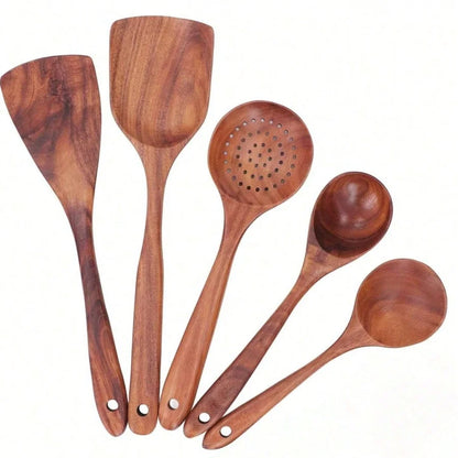 5-Piece Premium Wooden Kitchen Utensils Set, Heat Resistant Corrosion Proof Non-Smell Spoon Spatula Soup Spoon Tableware