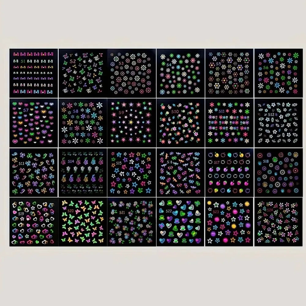 3D Glow in the Dark Neon Nail Stickers | UV Reactive Self-Adhesive Nail Art Decals – Butterflies, Hearts & Flowers