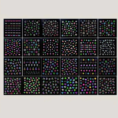 3D Glow in the Dark Neon Nail Stickers | UV Reactive Self-Adhesive Nail Art Decals – Butterflies, Hearts & Flowers