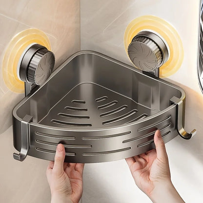 Space-Saving Suction Cup Bathroom Shelf - No Drilling Required, Strong Triangular Rack with Hooks, Suitable for Shower And Toile