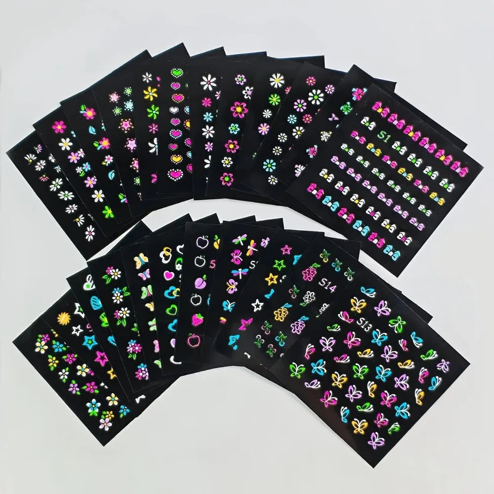 3D Glow in the Dark Neon Nail Stickers | UV Reactive Self-Adhesive Nail Art Decals – Butterflies, Hearts & Flowers