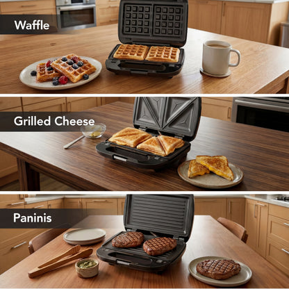 3-in-1 Sandwich Maker, Panini Press & Waffle Iron - Indoor & Outdoor Electric Grill with Removable Non-Stick Plates, 800W