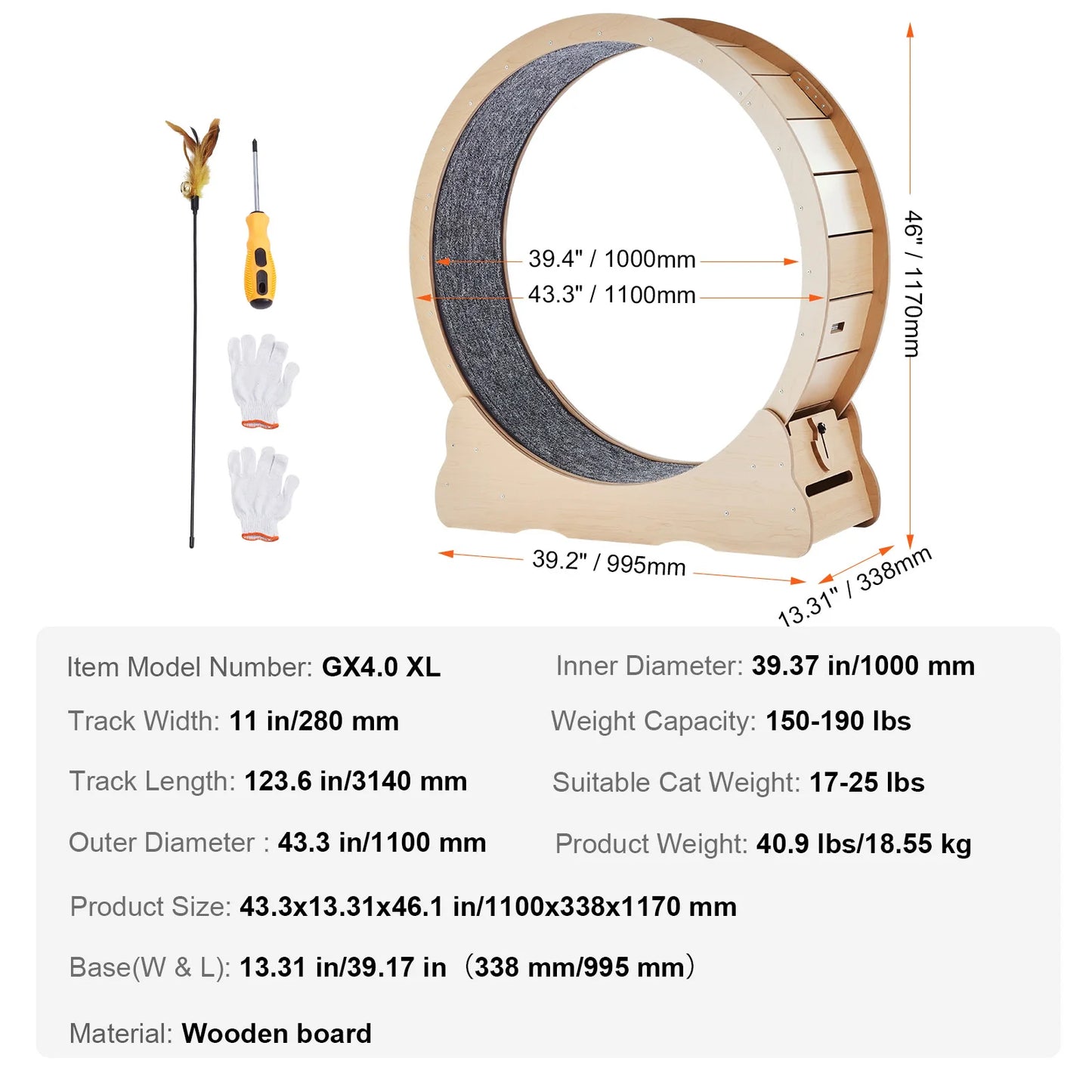 Large Cat Exercise Wheel | Wooden Cat Running Wheel for Indoor Cats | Silent Spin Wheel with Carpet Mat & Cat Teaser