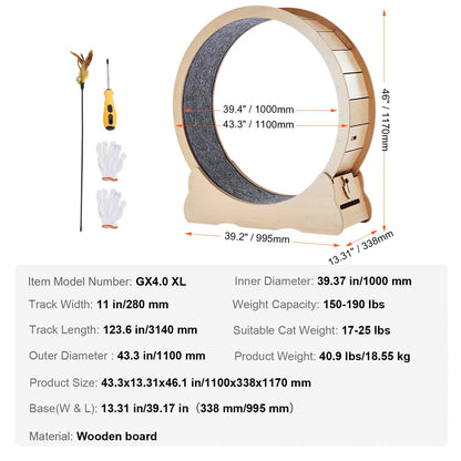 Large Cat Exercise Wheel | Wooden Cat Running Wheel for Indoor Cats | Silent Spin Wheel with Carpet Mat & Cat Teaser
