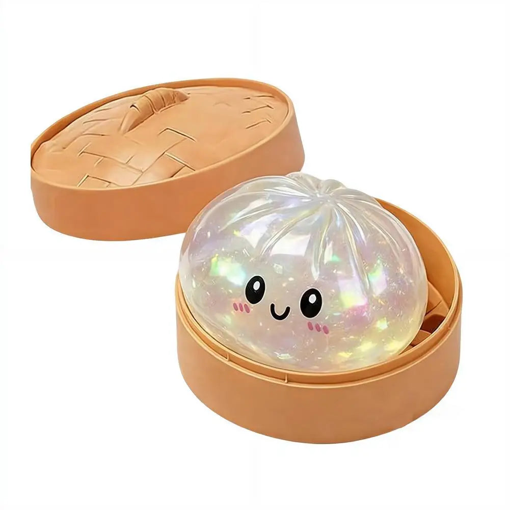 Glitter Dumpling Stress Ball Toy with Smile Face Unique Steamer Base Squeezable Dough Ball Birthday Gift for Girl Boy Adult