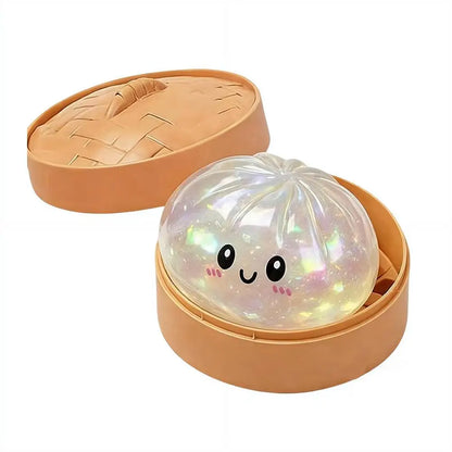 Glitter Dumpling Stress Ball Toy with Smile Face Unique Steamer Base Squeezable Dough Ball Birthday Gift for Girl Boy Adult