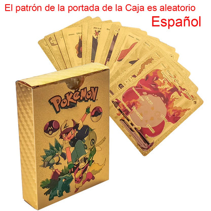 55PCS Gold Foil Flash Cards | Pokémon-Style Novelty Collectible Card Set | English & Spanish | VMAX GX Inspired