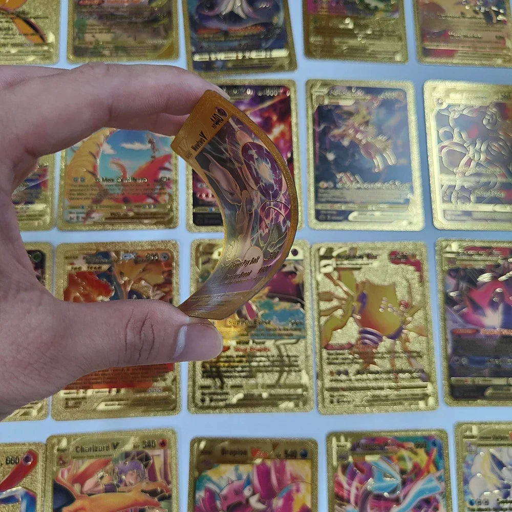 55PCS Gold Foil Flash Cards | Pokémon-Style Novelty Collectible Card Set | English & Spanish | VMAX GX Inspired