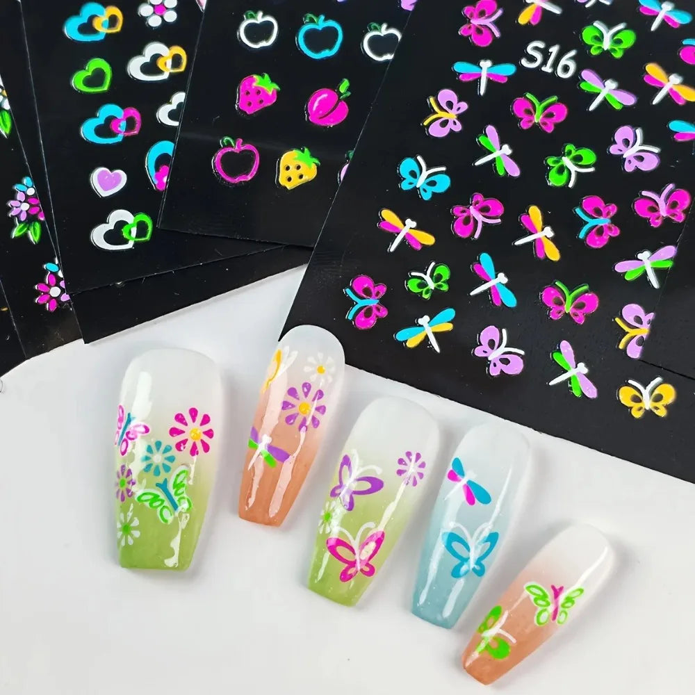 3D Glow in the Dark Neon Nail Stickers | UV Reactive Self-Adhesive Nail Art Decals – Butterflies, Hearts & Flowers