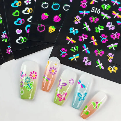 3D Glow in the Dark Neon Nail Stickers | UV Reactive Self-Adhesive Nail Art Decals – Butterflies, Hearts & Flowers