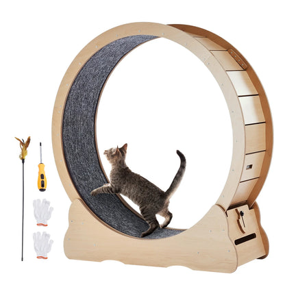 Large Cat Exercise Wheel | Wooden Cat Running Wheel for Indoor Cats | Silent Spin Wheel with Carpet Mat & Cat Teaser