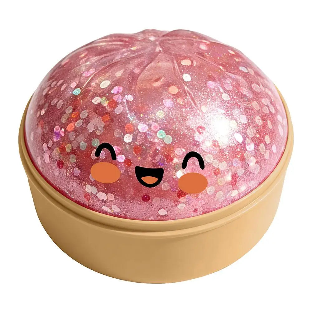 Glitter Dumpling Stress Ball Toy with Smile Face Unique Steamer Base Squeezable Dough Ball Birthday Gift for Girl Boy Adult