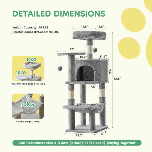 44" Cat Tree Tower for Indoor Cats | Multi-Cat Climbing Tower with Condo, Hammock, Sisal Scratching Posts & Perches | Tall Cat Tree for Large Cats & Kittens | Supports 2-3 Cats