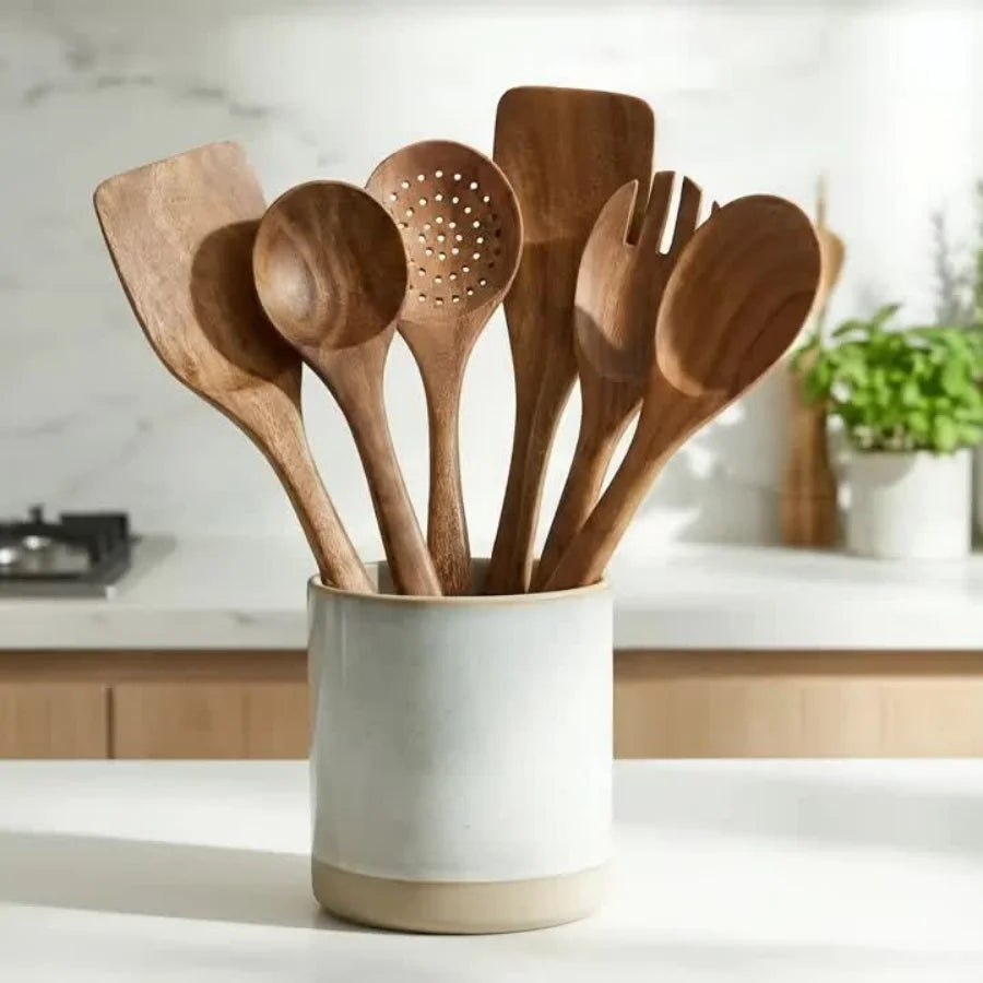 5-Piece Premium Wooden Kitchen Utensils Set, Heat Resistant Corrosion Proof Non-Smell Spoon Spatula Soup Spoon Tableware