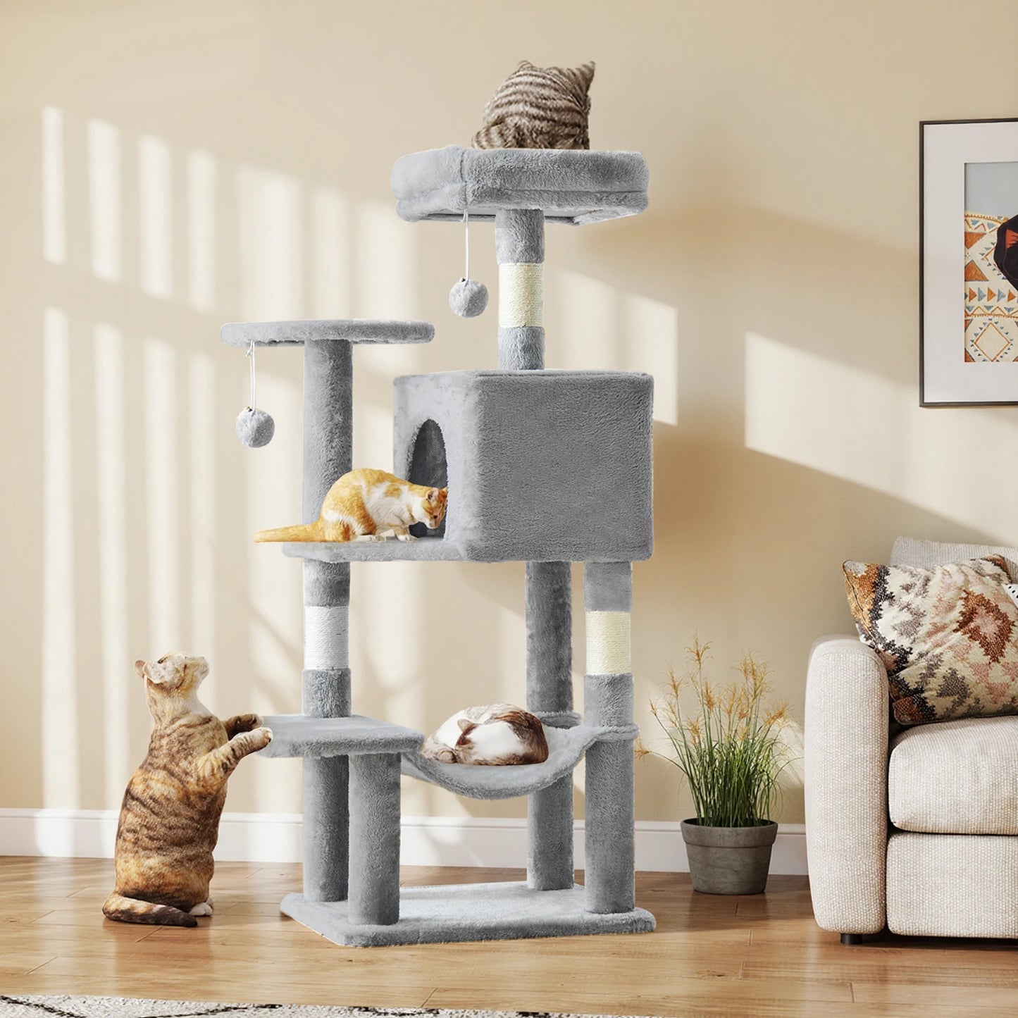 44" Cat Tree Tower for Indoor Cats | Multi-Cat Climbing Tower with Condo, Hammock, Sisal Scratching Posts & Perches | Tall Cat Tree for Large Cats & Kittens | Supports 2-3 Cats