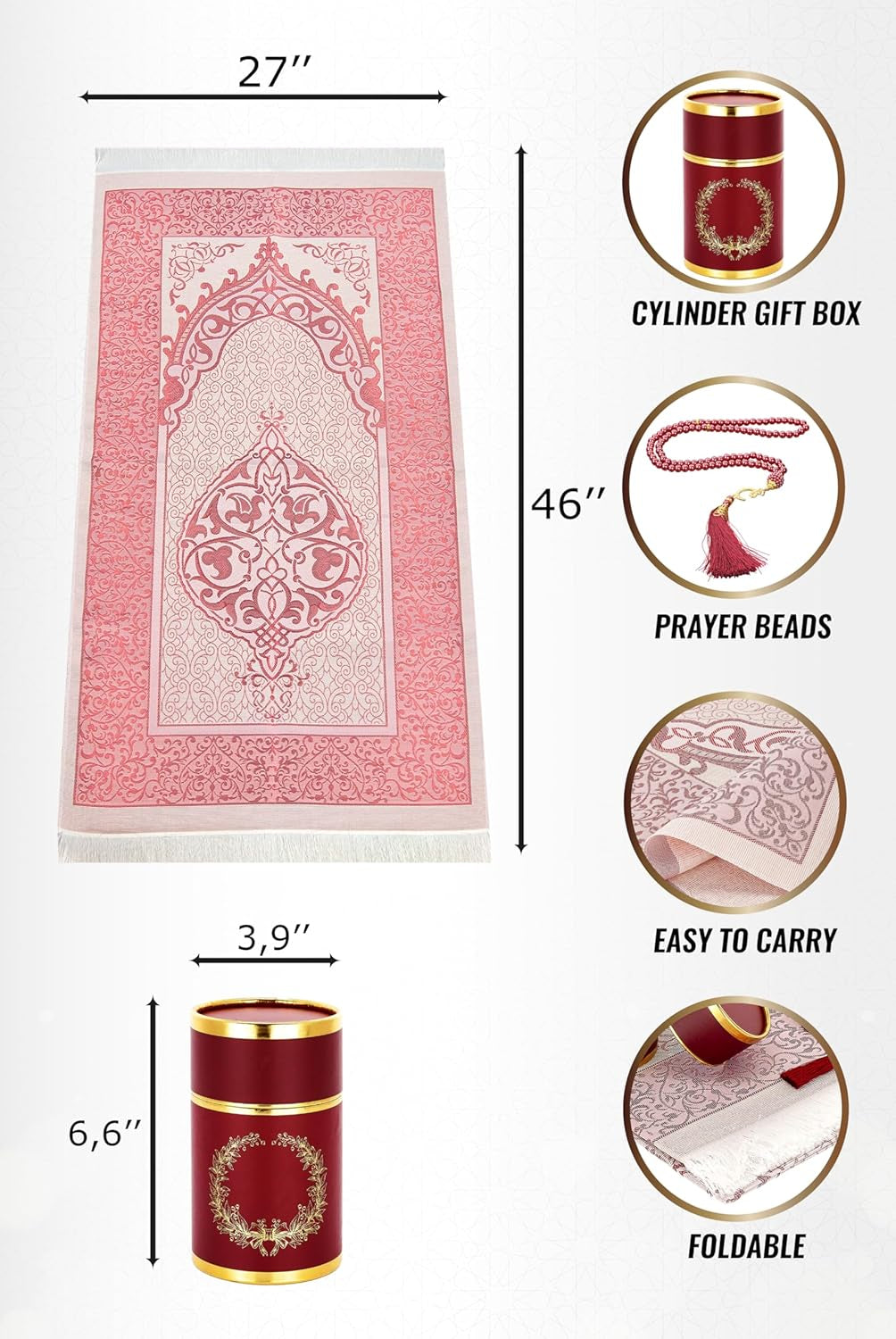 Muslim Prayer Rug and Prayer Beads with Elegant Design Cylinder Gift Box, Janamaz, Soft Sajadah, Islamic Gifts Set, Portable Prayers Carpet Mat, Taffeta Fabric, Burgundy
