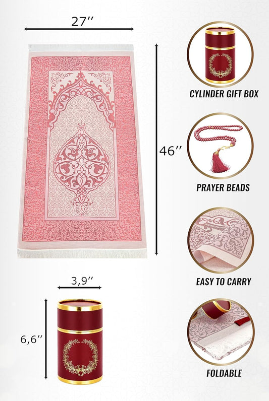 Muslim Prayer Rug and Prayer Beads with Elegant Design Cylinder Gift Box, Janamaz, Soft Sajadah, Islamic Gifts Set, Portable Prayers Carpet Mat, Taffeta Fabric, Burgundy