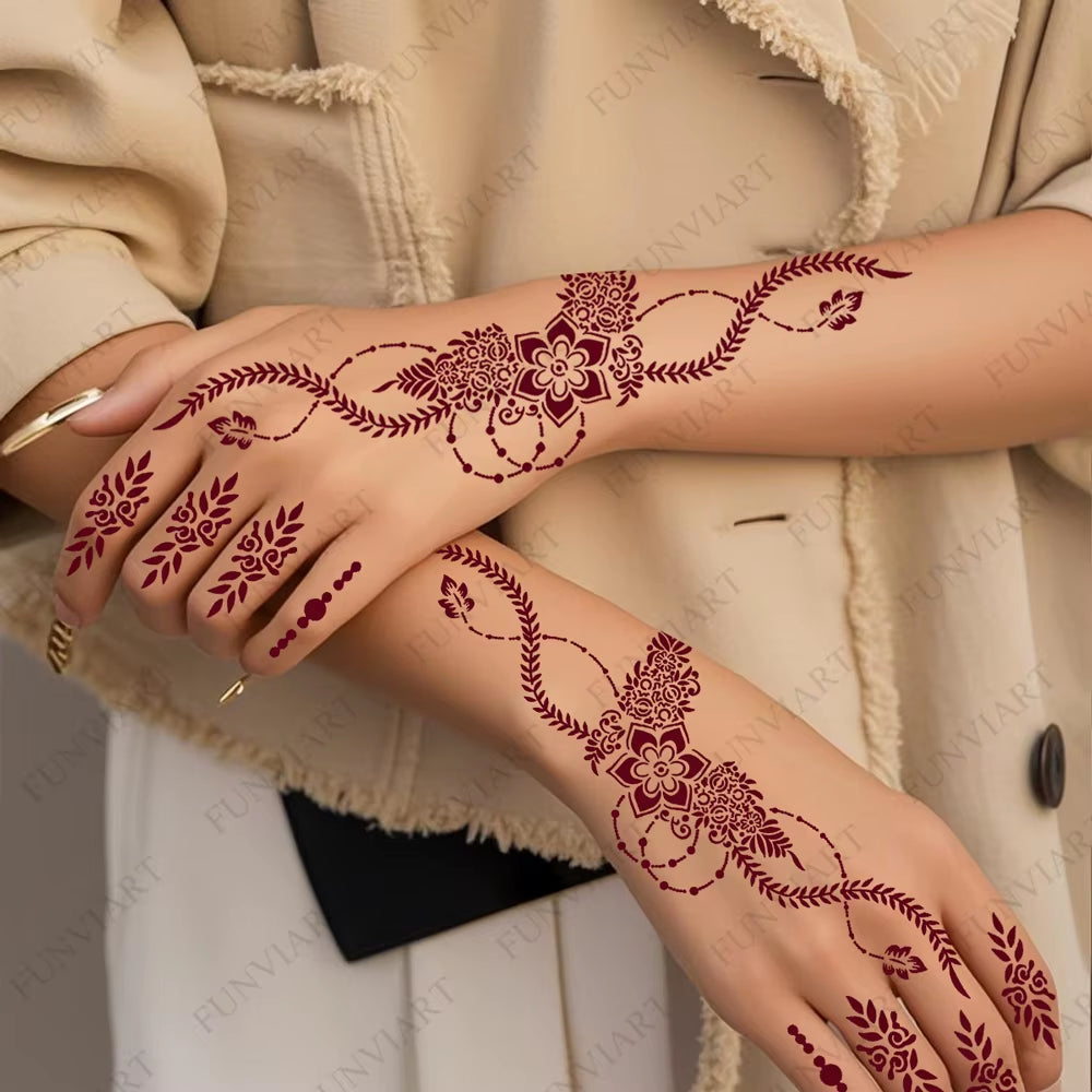 Reusable Henna Stencil for Hand Body Painting Flower Henna Tattoo Template for Women Wedding Festival Body Makeup Tattoo Tools